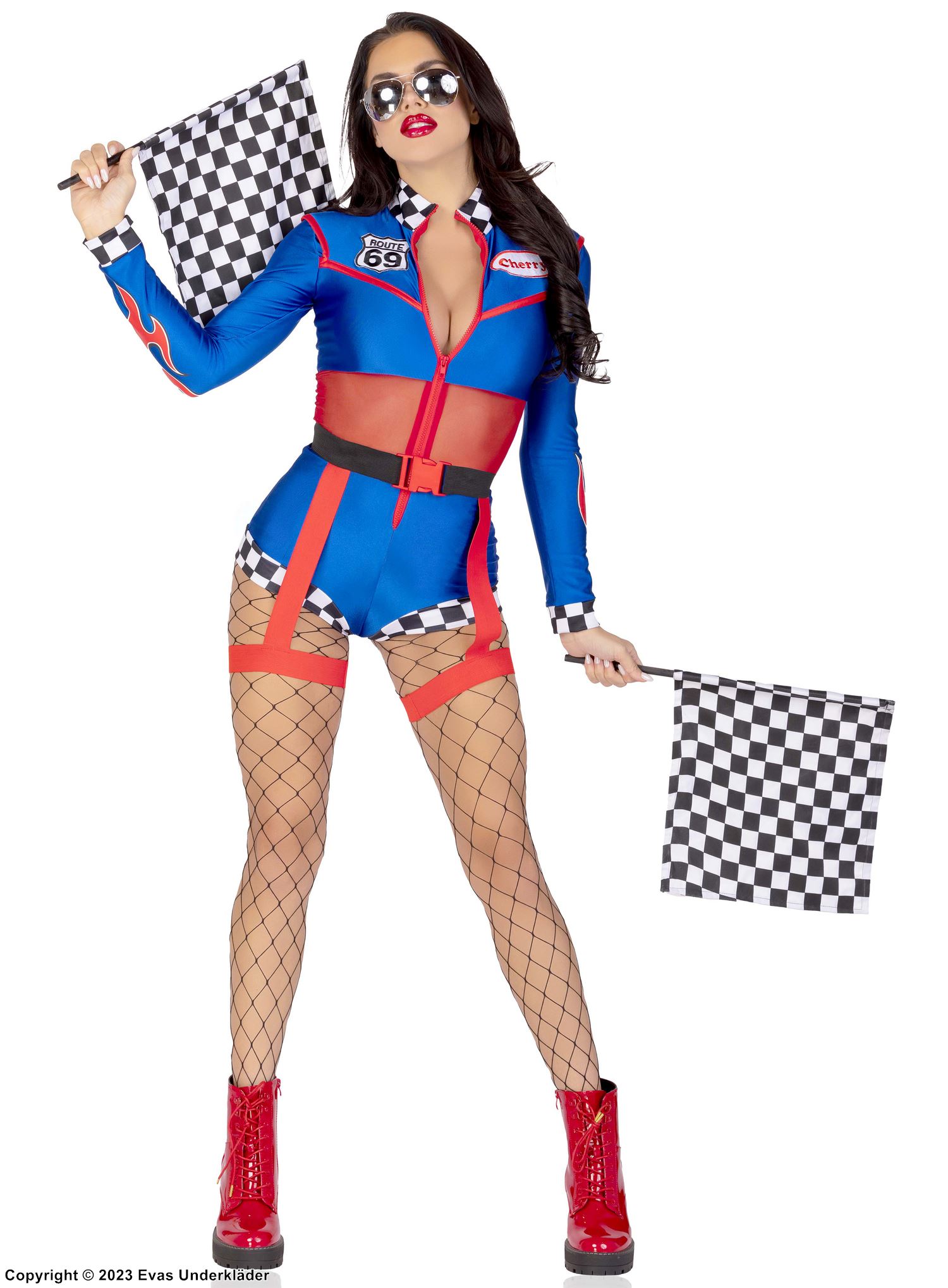 Kvinnelig racerförer, kostyme-romper, lange ermer, glidelås på forsiden, rutete mønster